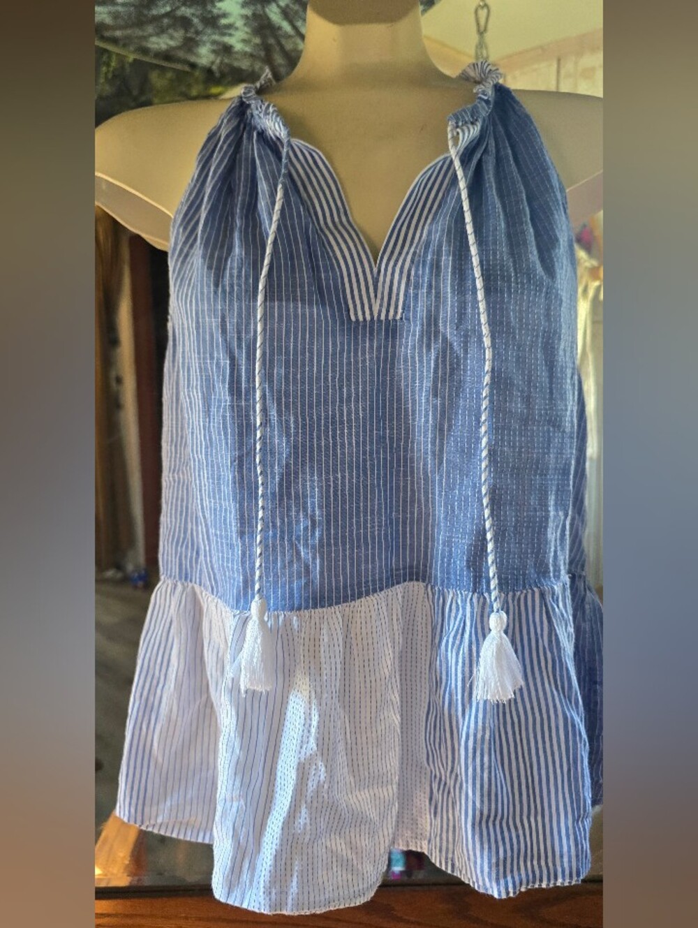 Lucky Brand Mixed Stripe Babydoll Tank Top Boho Tiered Halter Camisole